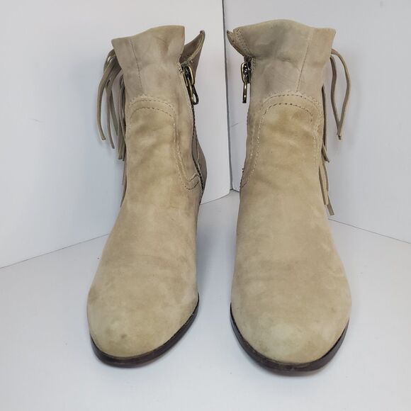 Sam Edelman Louie Western Ankle Boot Beige Fringe Stacked Heel Size 8 - Picture 8 of 16